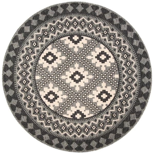 SAFAVIEH Veranda Ivory/Charcoal 8 ft. x 8 ft. Aztec Geometric Indoor/Outdoor Patio  Round Area Rug