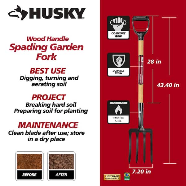 Husky 28 in. D-Grip Short Wood Handle 4-Tine Spading Garden Fork