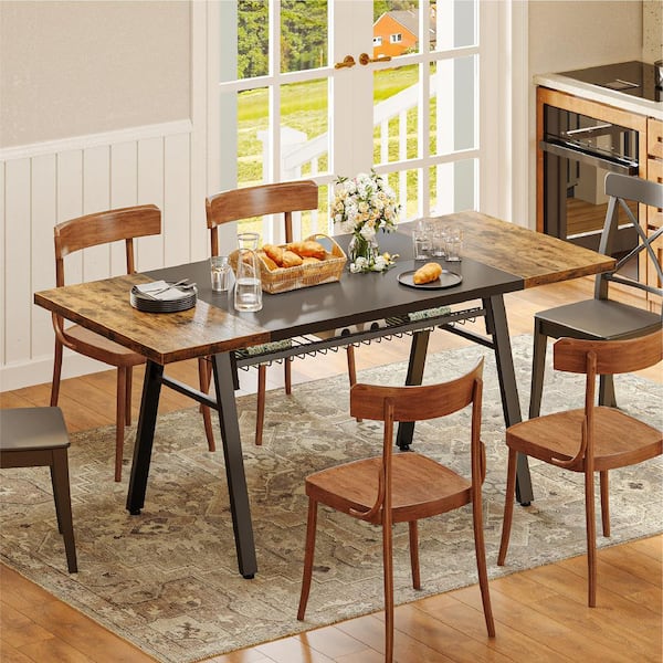 Bestier Rustic Brown Wood 70 in. 4 Heavy Duty Metal Legs Dining Table with Storage Rack Seats 6-8