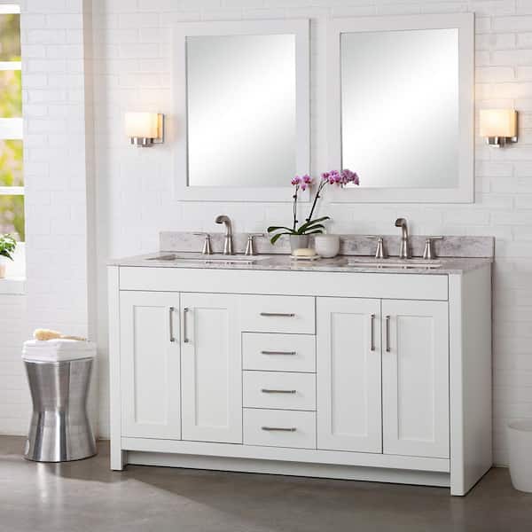 Home Decorators Collection Westcourt 61 in. W x 22 in. D x 39 in. H Double Sink  Bath Vanity in White with Winter Mist  Stone Composite Top