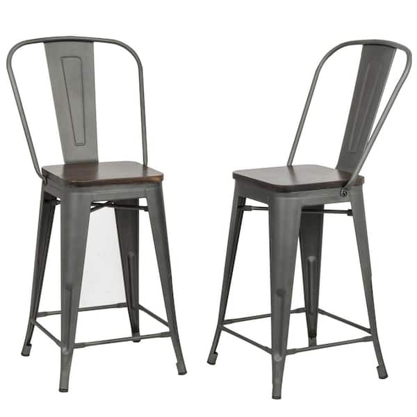 Carolina Forge Ash 24 in. Rustic Pewter Wood Seat Counter Stool (Set of 2)