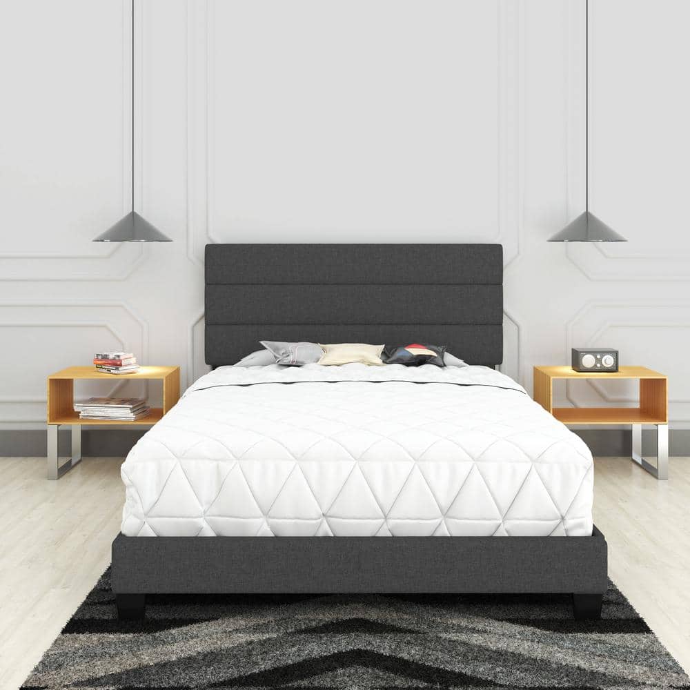Sicily Upholstered Linen Tri Panel Platform Bed Frame with Headboard, Queen