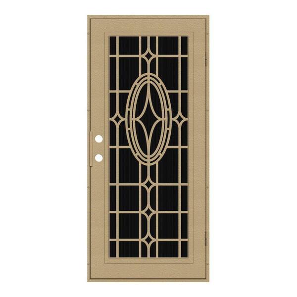 Unique Home Designs 32 in. x 80 in. Modern Cross Desert Sand Right-Hand Recessed Mount Aluminum Security Door with Charcoal Insect Screen
