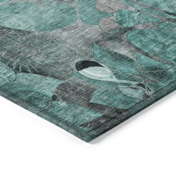 Teal Black and Gray 2 ft. x 3 ft. Woven Floral Rectangle Indoor/Outdoor Area Rug