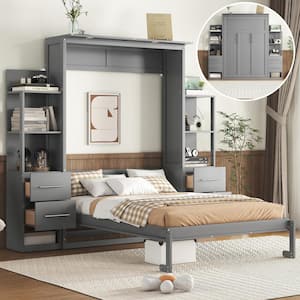 Gray Wood Frame Full Size Murphy Bed, Wall Bed with Shelves, 4-Drawer and LED Lights
