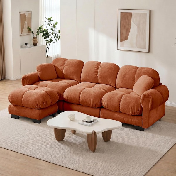 Quentin 86.6 in. Round Arms Chenille L-Shaped Sectional Sofa in Orange with Exquisite Pillows, Movable Ottoman