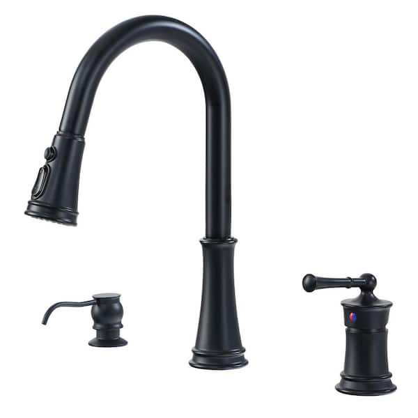 Boyel Living 1.8 GPM Single Handle Pull Down Sprayer Kitchen Faucet with Soap Dispenser and Ceramic Cartridge in Matte Black