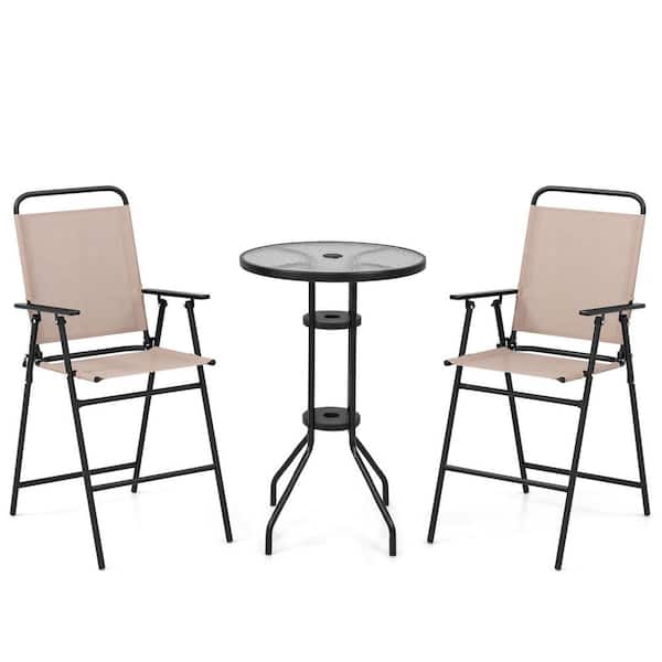 Costway 3-Piece Outdoor Bistro Set Folding Chairs Round Bar Table with 1.6 in. Umbrella Hole Yard