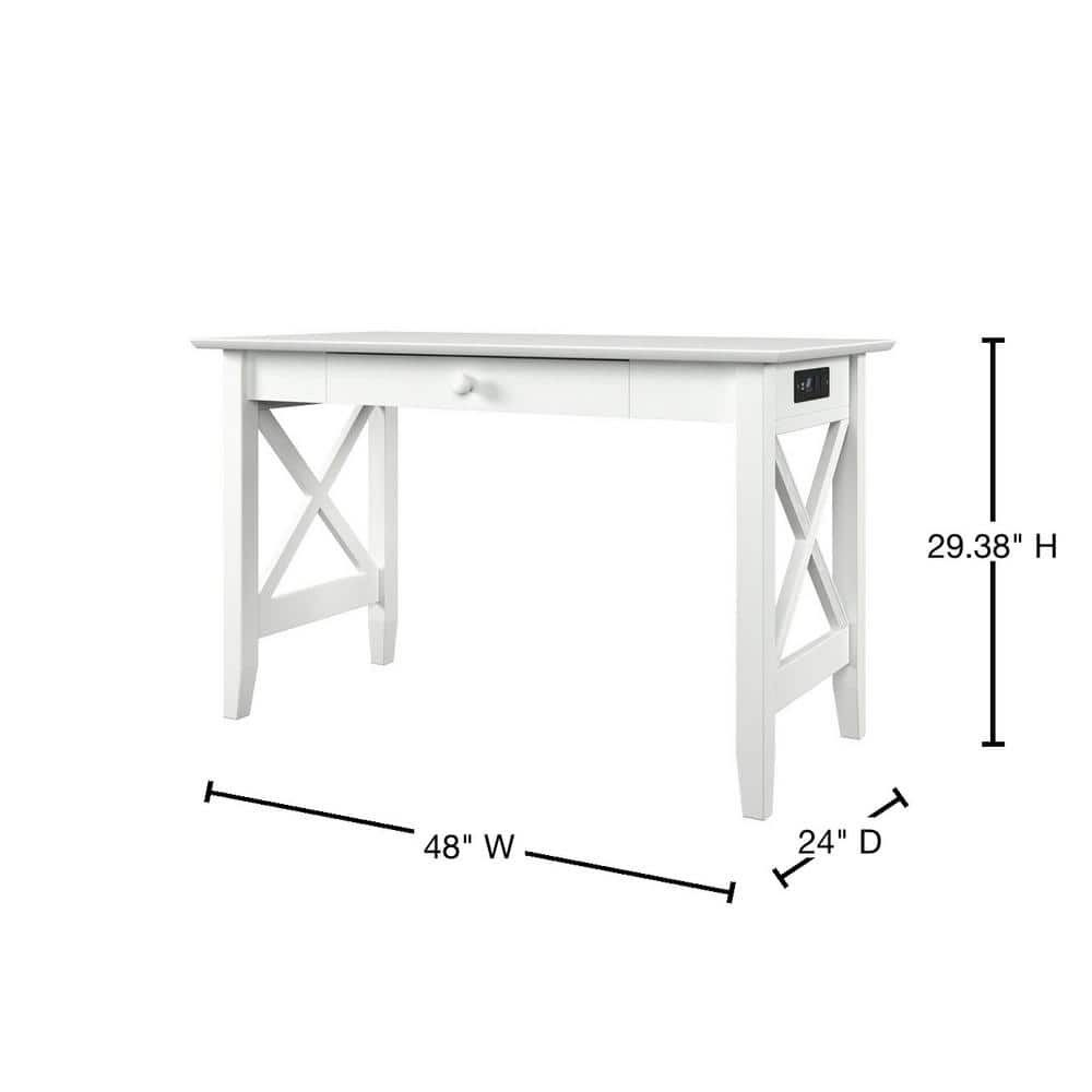 48" White Solid Wood Writing Desk with Charging Drawer