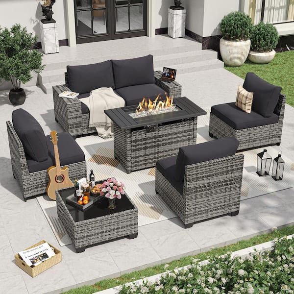 Sizzim Gray 8-Piece Wicker Rattan Outdoor Sectional Set with 50000 BTU Gas Fire Pit Table and Black Cushions, Coffee Table