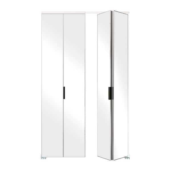 TENONER 48 in. x 80 in., Mirrored Glass, Silver, Hollow Core, MDF, Aluminum Frame, Full Lite Bi-fold Doors with Hardware Kits