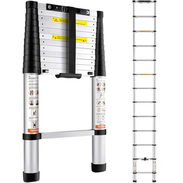 Telescoping Ladder, 13 Steps, Wide, 12.5 ft. Aluminum One-button Retraction Collapsible Extension Ladder, Dock Ladder