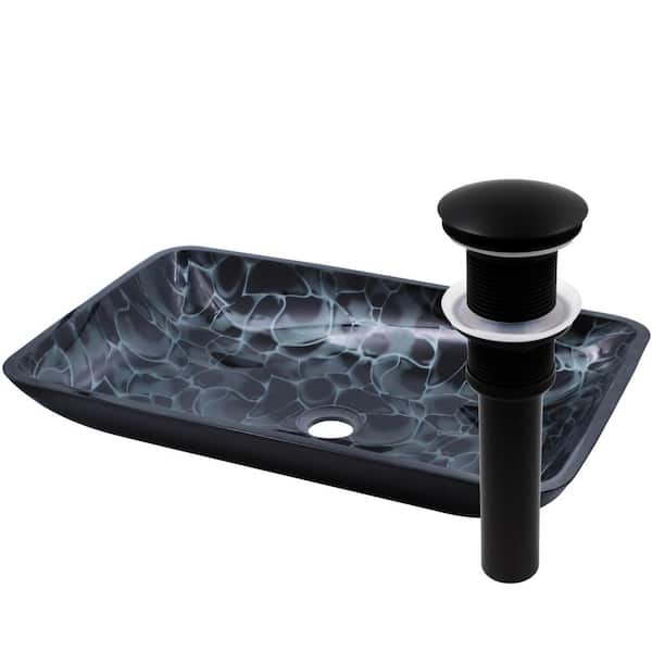 Novatto Cellule Hand Painted Black and Silver Glass Rectangle Vessel Sink with Drain in Matte Black