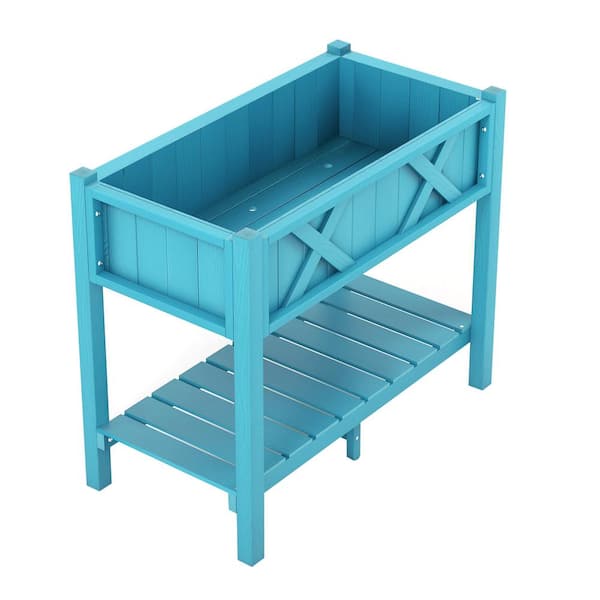FORCLOVER 34 in. x 18 in. x 29 in. HIPS Raised Garden Bed with Storage Shelf and Drainage Holes in Blue