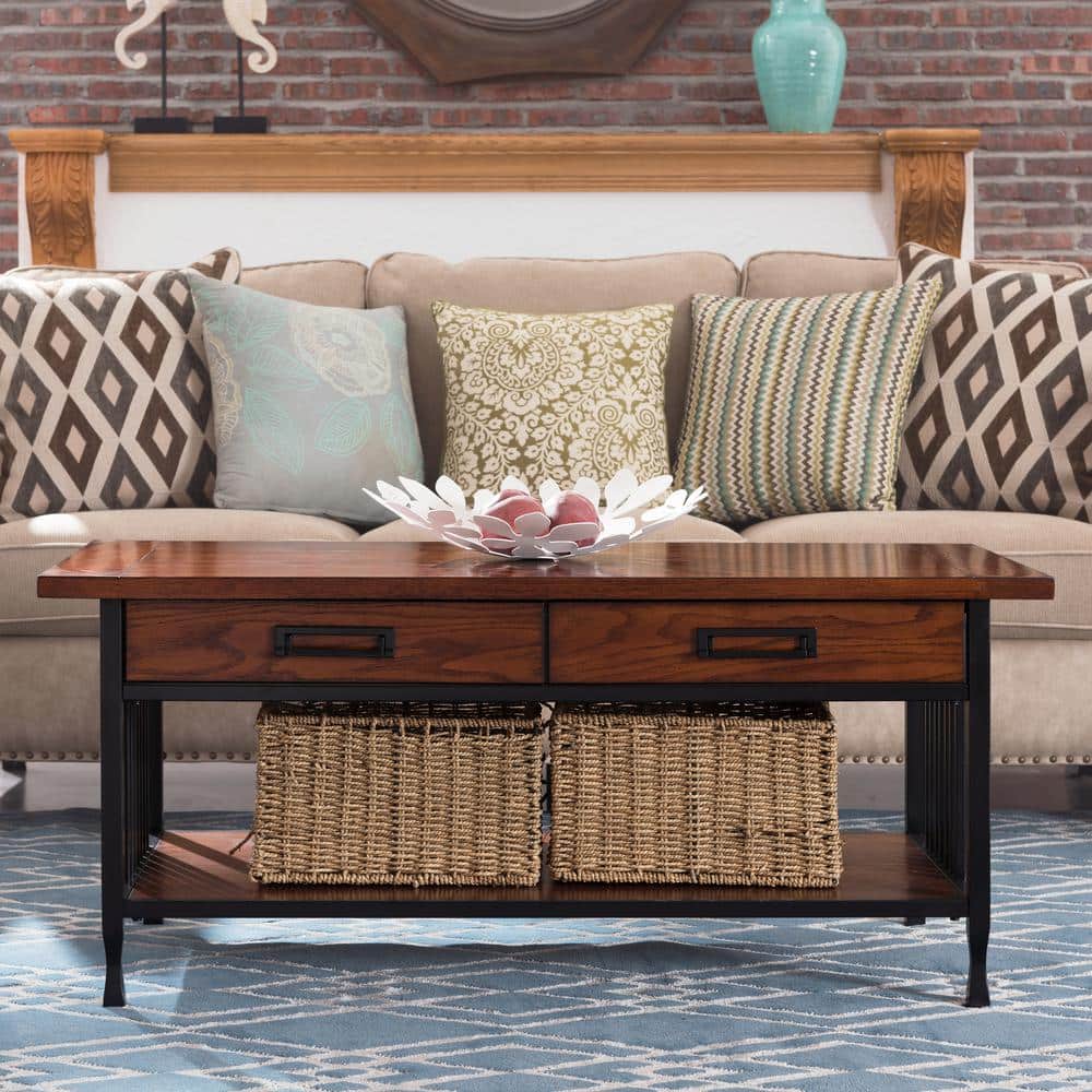 Mission Oak and Black Rectangular Wood Coffee Table with Storage