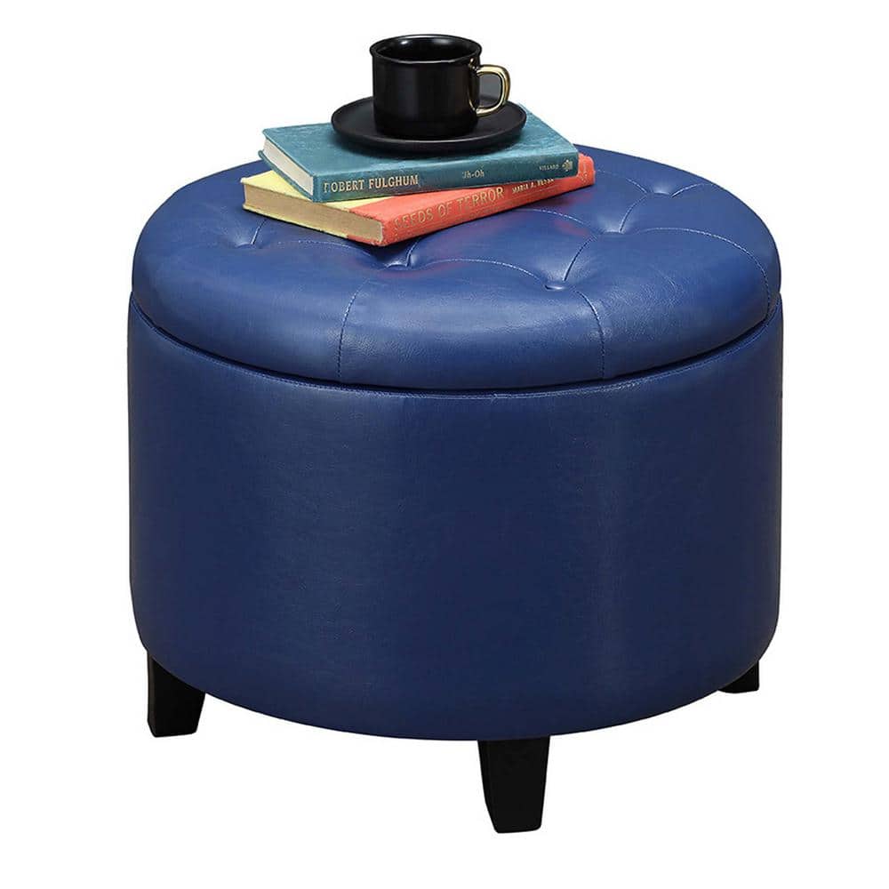 Blue Tufted Faux Leather Round Storage Ottoman