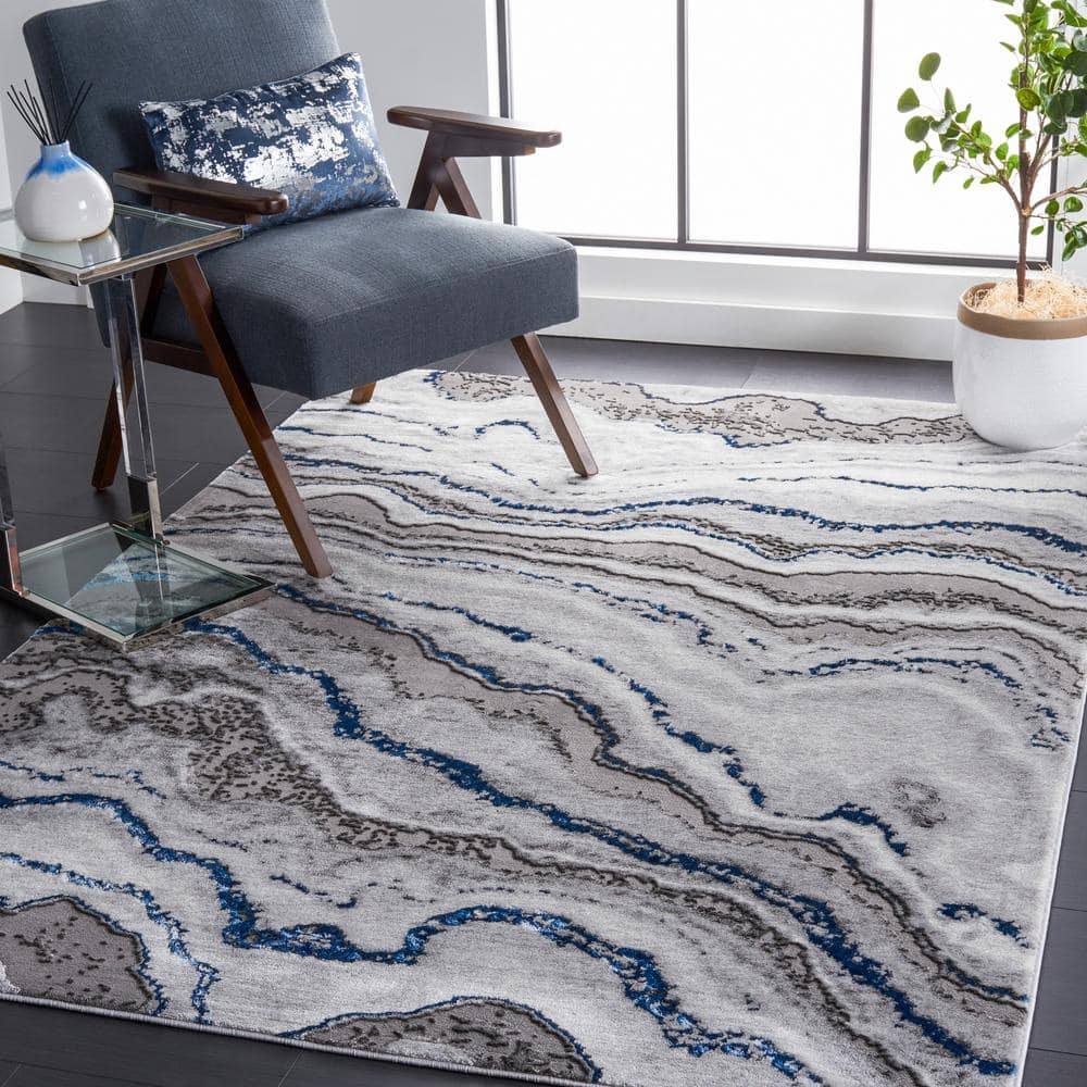 Grey and Blue Abstract Hand-knotted Rectangular Rug