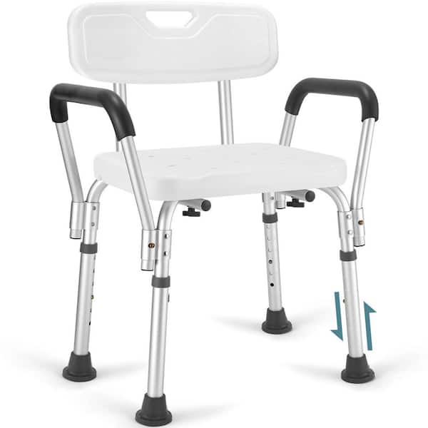 Aluminum Shower Chair in White with Backrest and Padded Armrest, Height Adjustable Shower Bench Shower Seat for Elderly