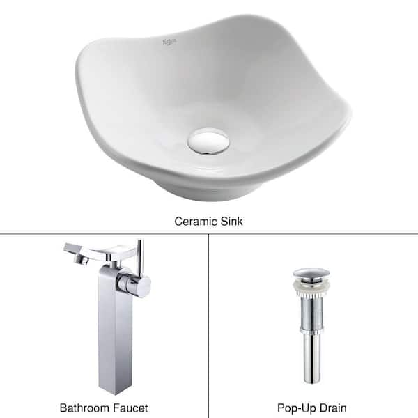 KRAUS Tulip Ceramic Vessel Sink in White with Unicus Faucet in Chrome