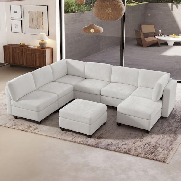 Claire 128 in. Square Arm 8-Piece Chenille Modular Convertible Sectional Sofa in. Beige with Storage, 2 Ottomans