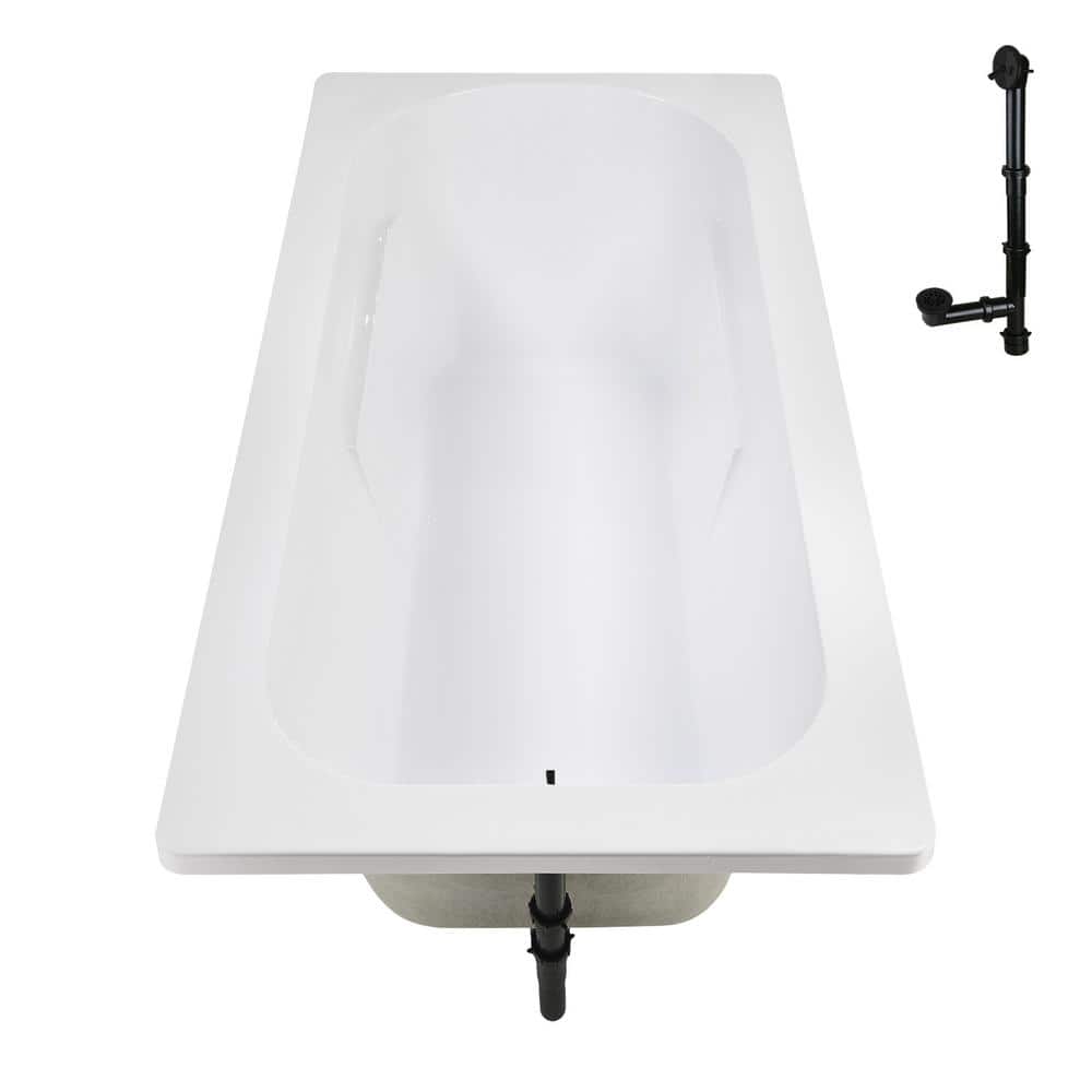 72" x 36" Glossy White Acrylic Drop-In Soaking Bathtub with Matte Black Hardware
