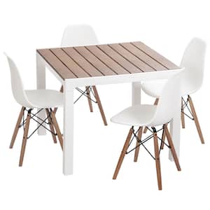 Madeira 5-Piece White and Teak Brown Indoor and Outdoor 4-Seat Square Table and 4-Chair Set