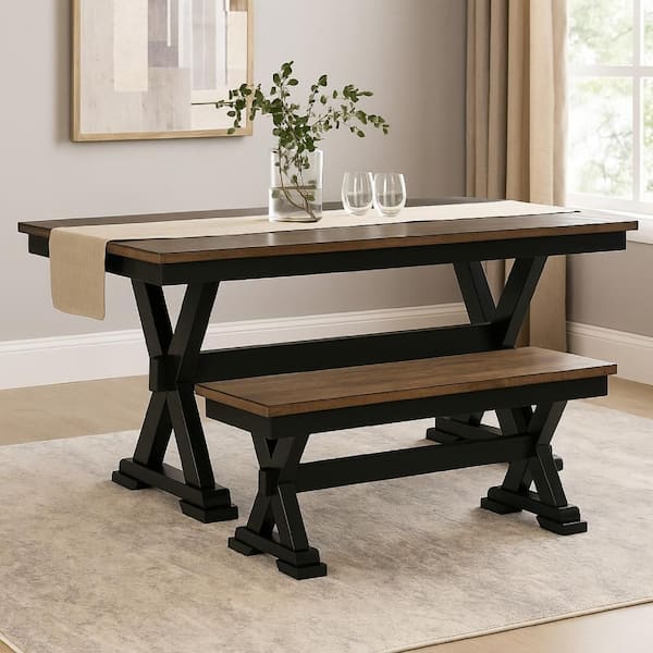 Fleur 48 in. Black Wood Frame Large Dining Room Bench with Brown Seat