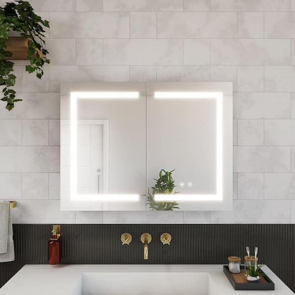 Brilliance 32 in. W x 24 in. H Rectangular 2-Door Frameless Wall Mounted LED Medicine Cabinet Bathroom Vanity Mirror