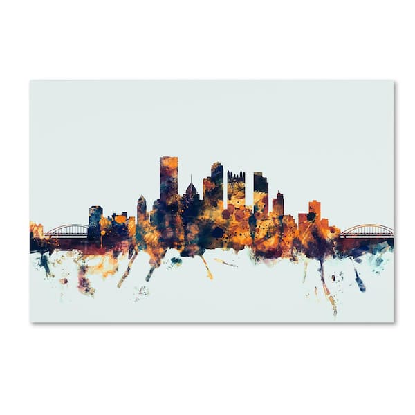 Trademark Fine Art Pittsburgh PA Skyline Blue by Michael Tompsett Floater Frame Abstract Print Hidden Frame Wall Art 22 in. x 32 in.