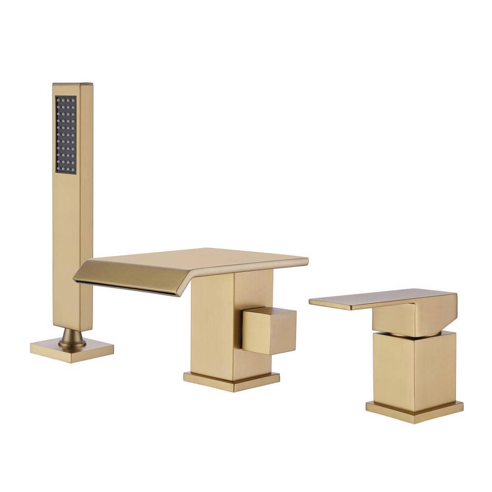 Single-Handle Deck-Mount Roman Tub Faucet with Hand Shower Brass Waterfall Bathtub Filler wirh Sprayer in. Brushed Gold
