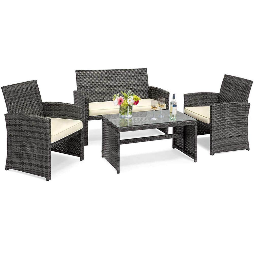 4-Piece Wicker Rattan Patio Conversation Set Chair with Beige Cushions price history on PriceWatchPro