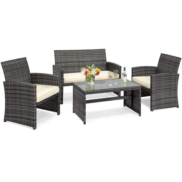 Costway Mix Grey 4-Piece Rattan Wicker Patio Conversation Set Glass Table Top Sofa Chair with Beige Cushions