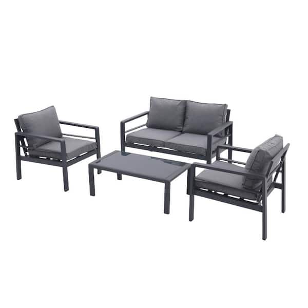 Unbranded 4-Piece Aluminum All-Weather Outdoor Patio Conversation Set with Removable Gray Cushions and Tempered Glass Coffee Table