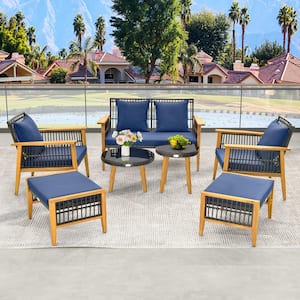 7-Piece Wicker Patio Conversation Set with Stable Acacia Wood Frame Cozy Seat & Back Navy Cushions
