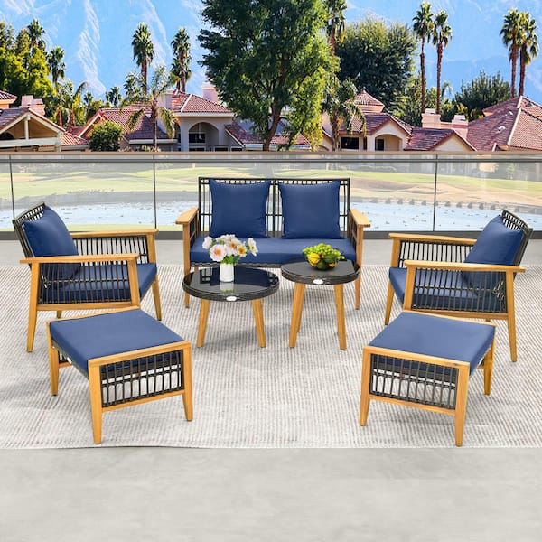 ANGELES HOME 7-Piece Wicker Patio Conversation Set with Stable Acacia Wood Frame Cozy Seat & Back Navy Cushions