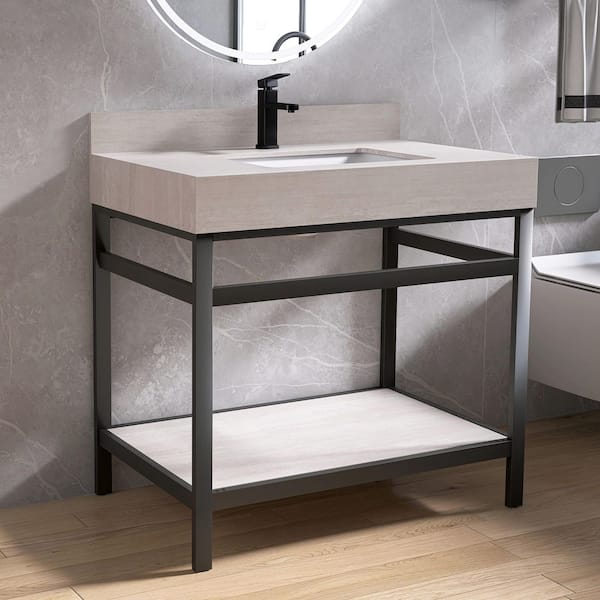 36 in. Beige Composite Sintered Stone Top and Shelf with Bathroom Sink and Matte Black Bracket