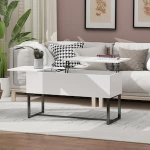 42 .5 in. W White Rectangle Wood Lift Top Coffee Table with 2-Lift Area Hidden Storage Metal Frame Center Console