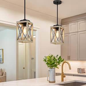 60-Watt 1-Light Farmhouse Pendant Light with Cream Wooden Grain Finish Shade, No Bulbs Included