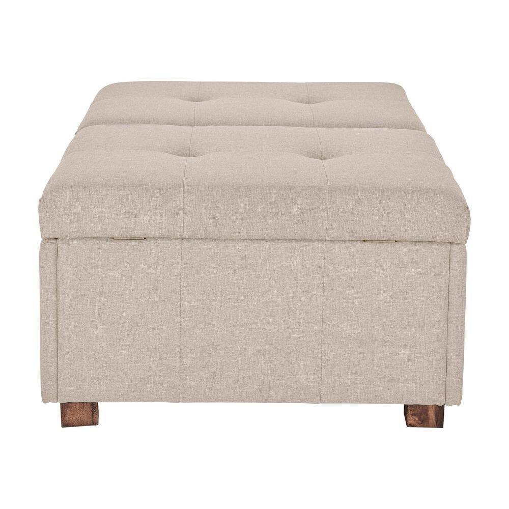 Beige Tufted Double Storage Ottoman with Solid Wood Legs