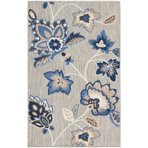 Aloha Blue Grey 3 ft. x 4 ft. Floral Medallion Contemporary Indoor/Outdoor Area Rug