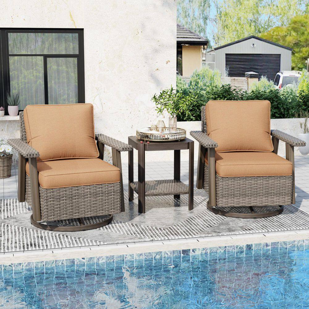 3-Piece Beige Wicker Frame Outdoor Rocking Chair Patio Swivel Chair Lounge Chair with Tan Cushions and 1 Side Table price history on PriceWatchPro
