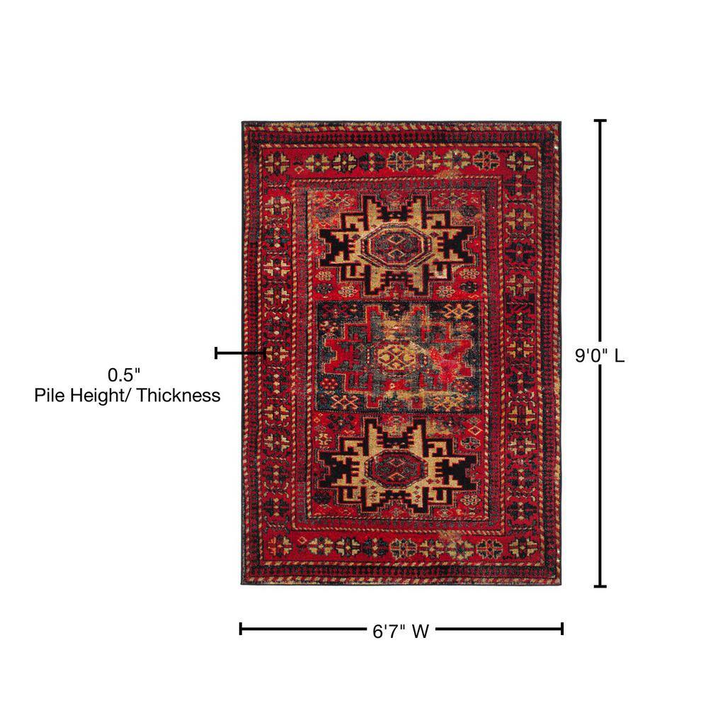 Vintage Hamadan Red Multicolor Synthetic 6'7" x 9' Area Rug