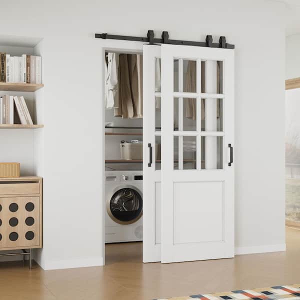 ARK DESIGN 52 in. x 80 in. (Double 30 in.) 6 Lite Clear Glass White Primed MDF Sliding Barn Door with Hardware Kit Bypass