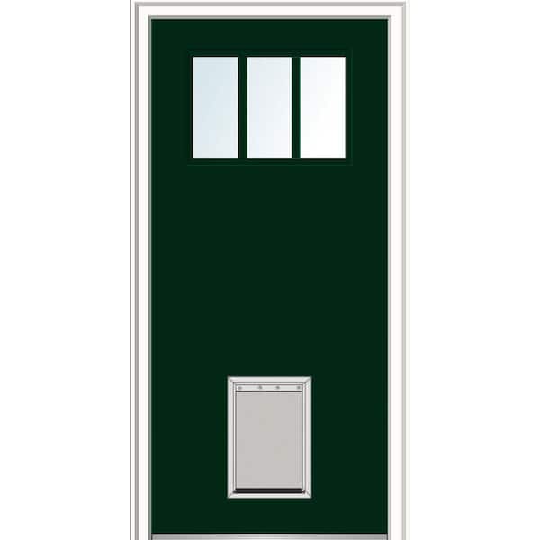 MMI Door 32 in. x 80 in. Classic Right-Hand Inswing 3-Lite Clear Painted Fiberglass Smooth Prehung Back Door with Large Pet Door