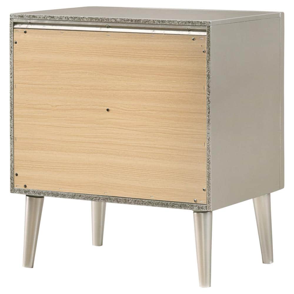 Elegant Transitional 2-Drawer Nightstand in Metallic Silver with Tapered Legs