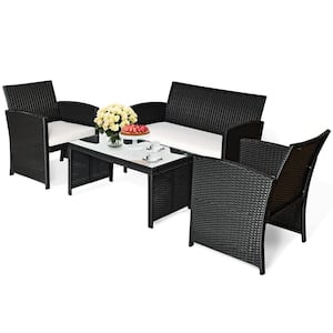 4-Pieces Rattan Patio Conversation Set Outdoor with Coffee Table White Cushioned Sofa