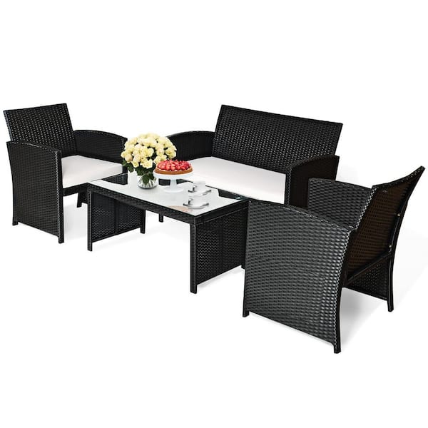 Gymax 4-Pieces Rattan Patio Conversation Set Outdoor with Coffee Table White Cushioned Sofa
