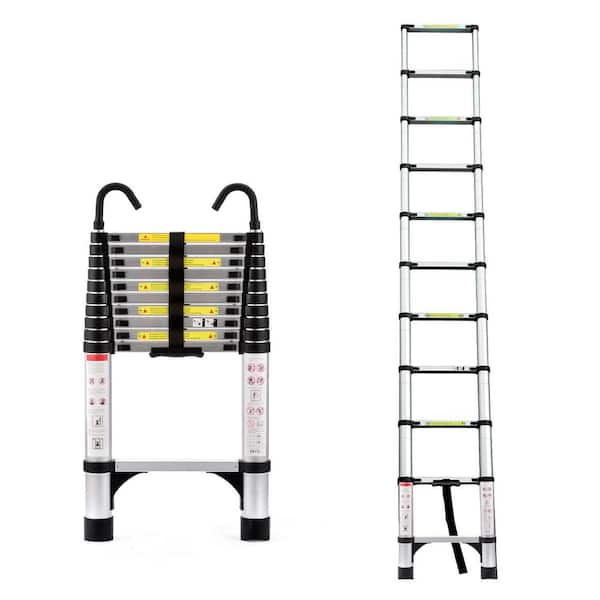10.5 ft. Telescoping Aluminum Extension Ladder with Triangle Stabilizer and Hooks, Multi-Purpose Folding Ladder 330 lbs.
