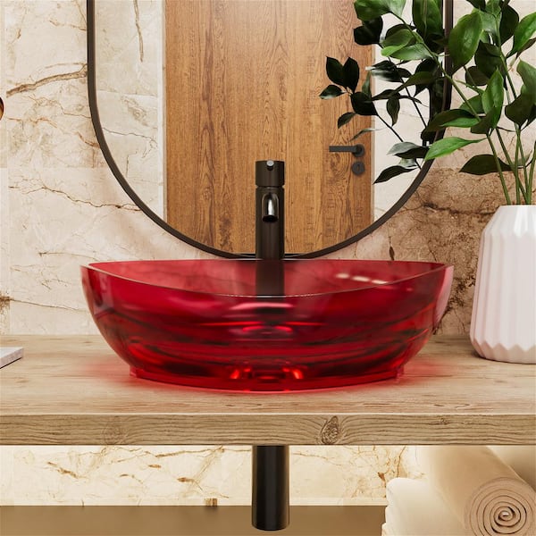 INSTER Iridescent 20 in. W Transparent Crystal Red Solid Surface Oval Vessel Sink in Wine Red (Drain Not Included)
