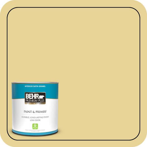 BEHR PREMIUM PLUS 1 qt. #390D-4 Honey Beige Satin Enamel Low Odor Interior Paint & Primer